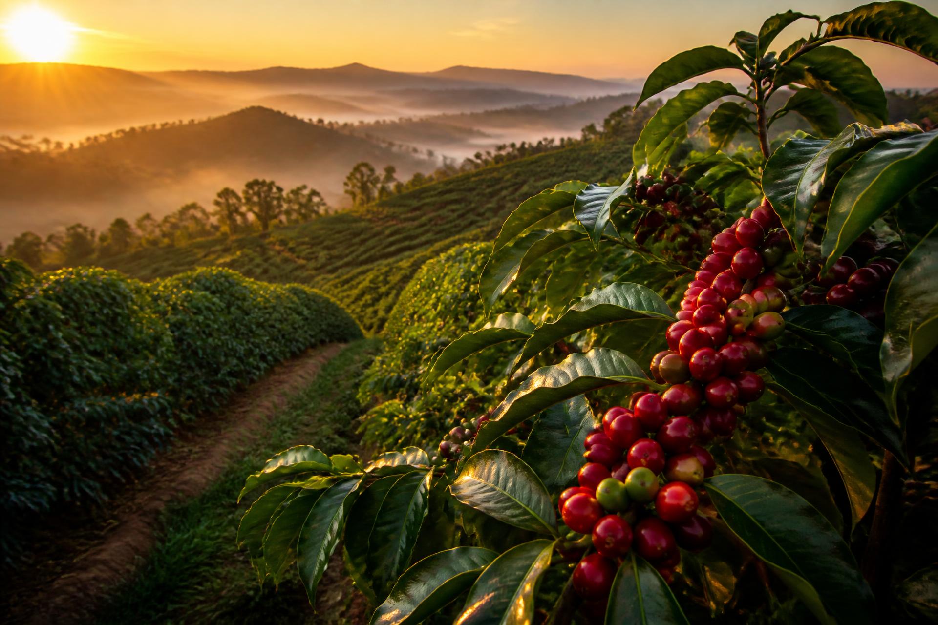 Lavoura de café brasileira ao amanhecer com planta saudável em primeiro plano