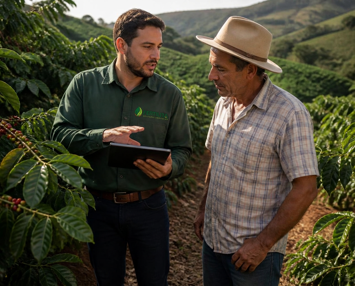 Consultor agrícola e produtor rural analisando a lavoura de café